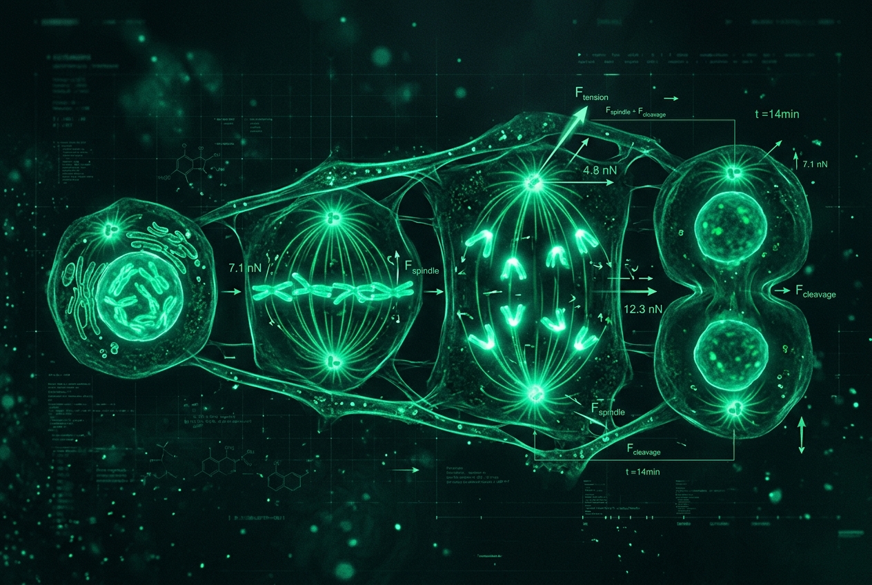 Abstract visualization of cell division with green bioluminescent effects