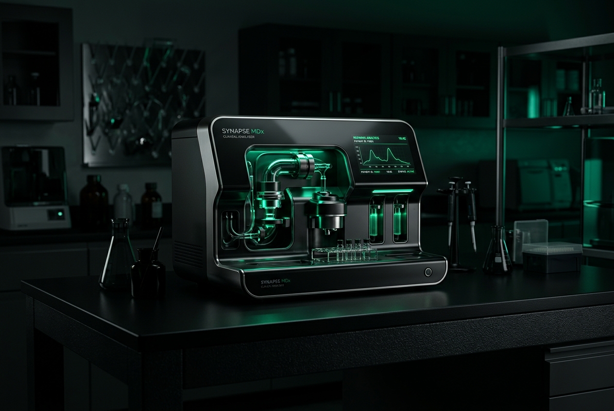 Dark clinical laboratory with premium medical device and emerald green accent lighting