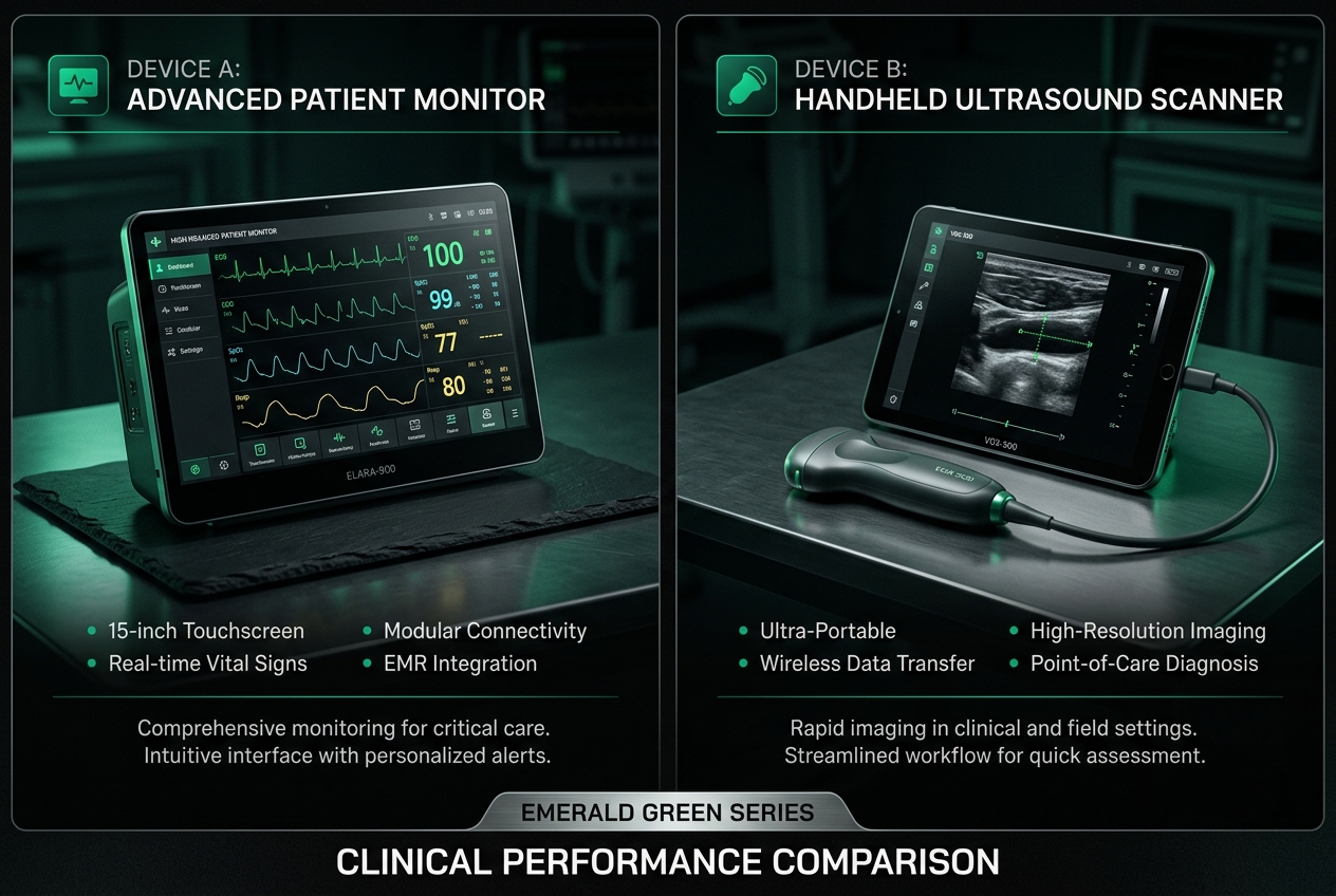 Split-screen comparison of two medical devices with emerald green accent lighting