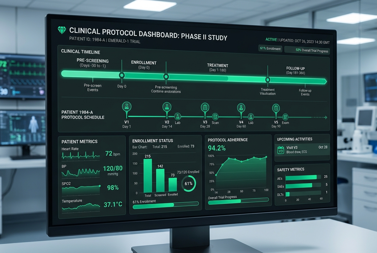 Clinical protocol dashboard with green data charts and timeline metrics