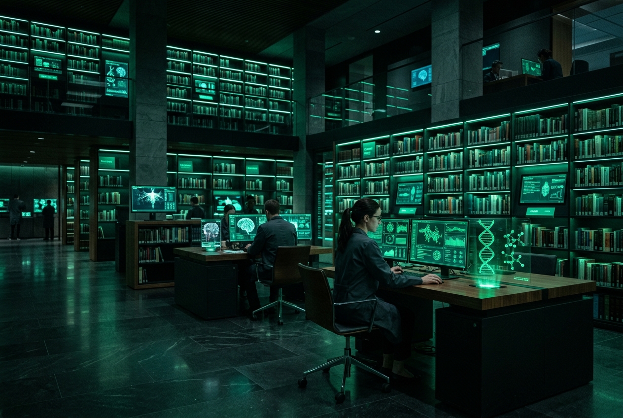Dark research library with glowing green digital screens in premium academic setting