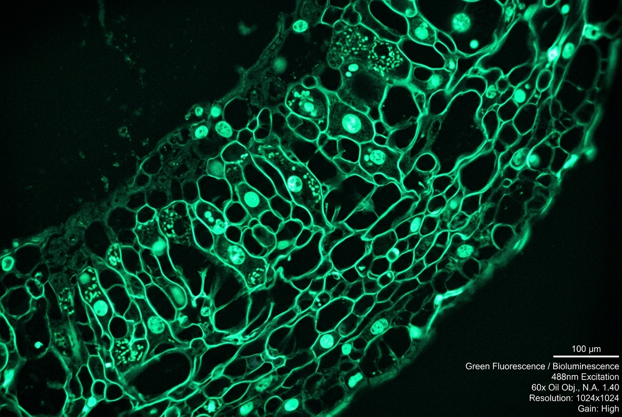 Microscopic view of cellular tissue with green-tinted scientific visualization